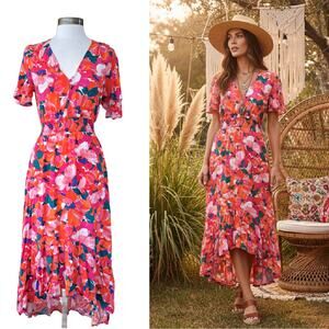 Abel the Label Floral Flutter Midi Maxi Dress Size Small Red Pink Beachy Boho